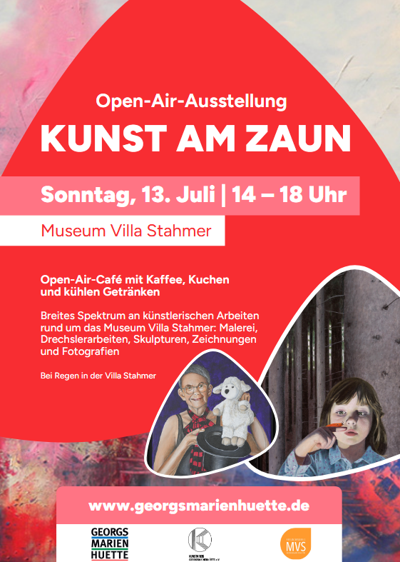 Plakat der Open-Air-Ausstellung "Kunst am Zaun" am 13.07.25 14 - 18:00 Villa Stahmer Georgsmarienhütte