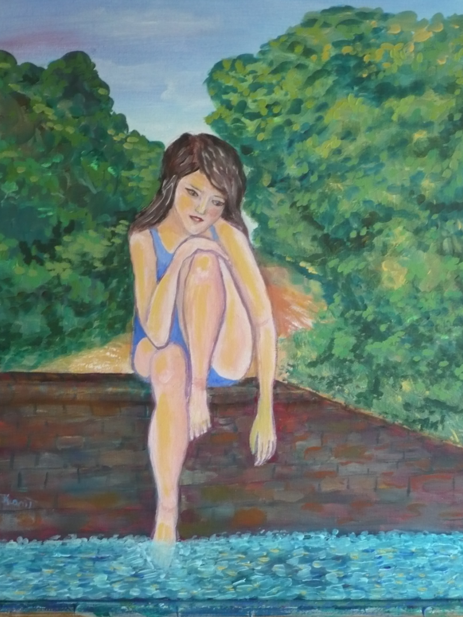 hockende Frau am Fluss - Acryl auf Leinwand 40 x 50 cm