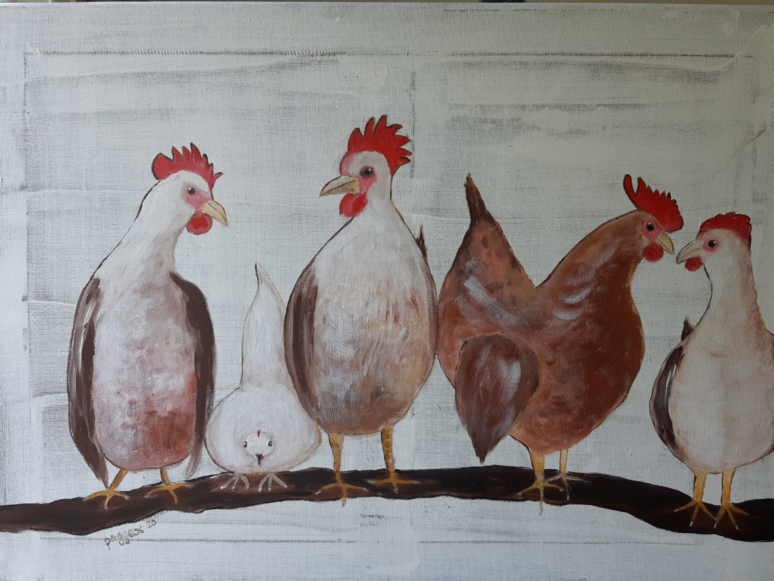 5 Hühner sitzen auf einem Ast