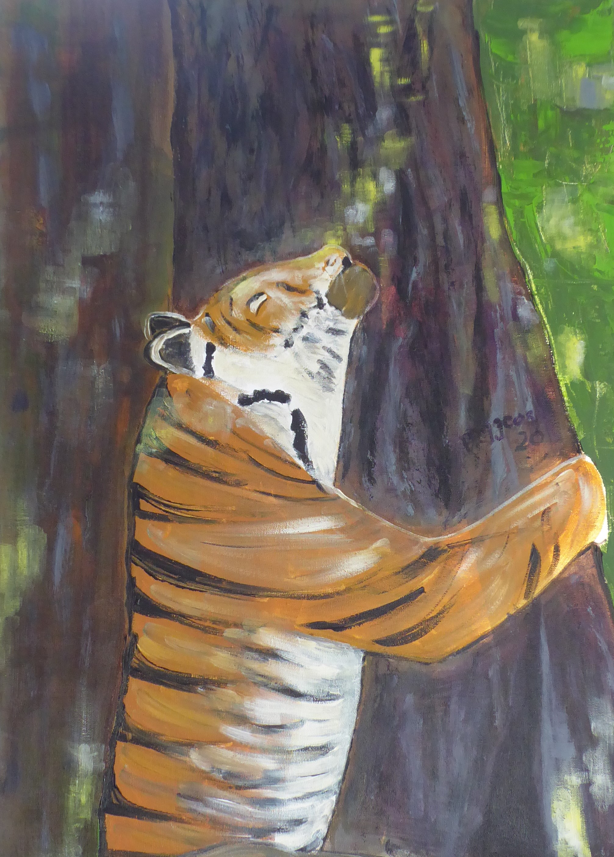 Ein Tiger umarmt einen Baum