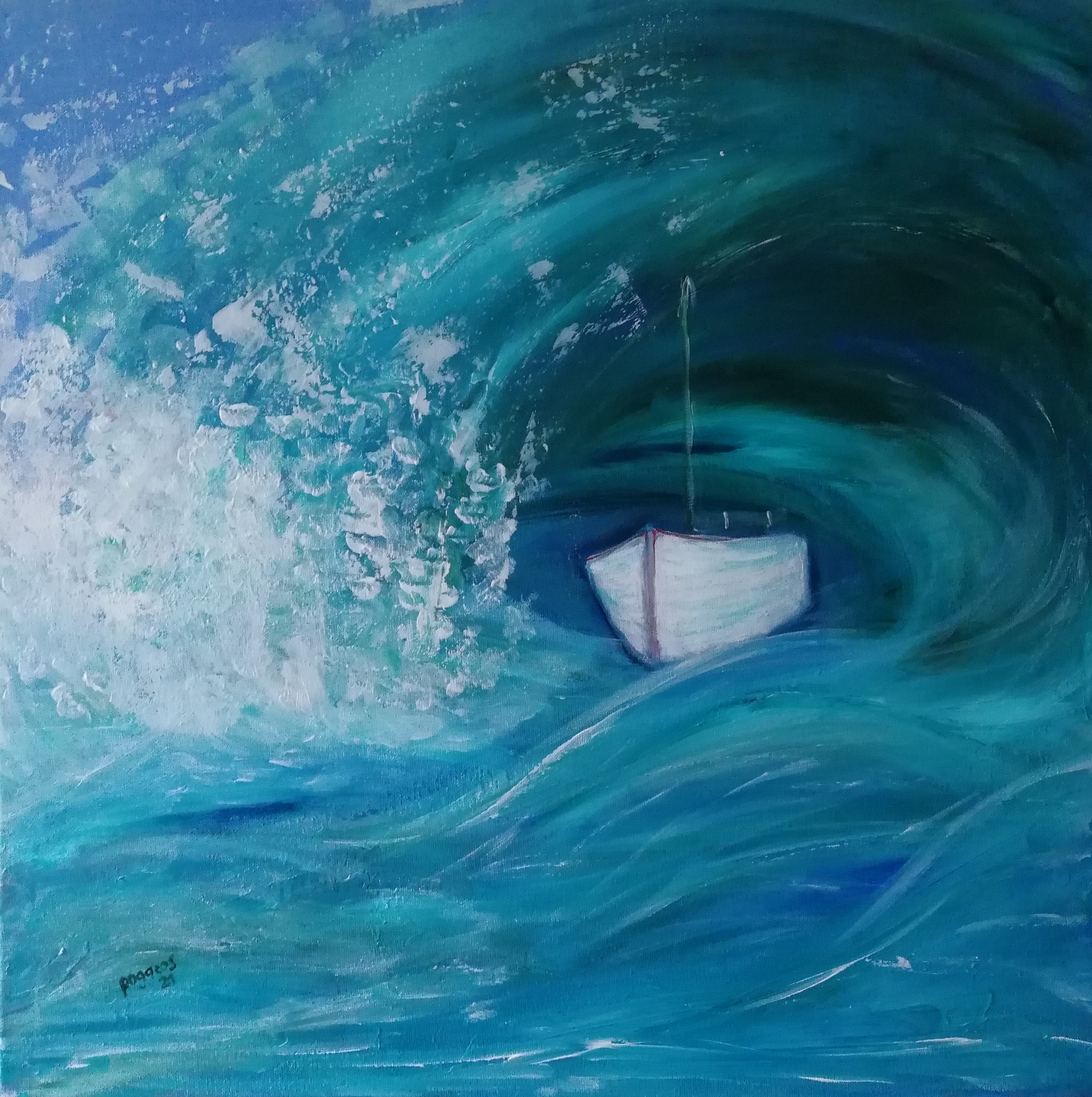 Boot in der Welle, Acryl auf Leinwand  60 x 60 cm