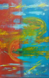 2Halbkreise untereinander und entgegengesetzt ausgerichtet fangen gelbe, rote und blaue Farben ein.Titel: Energie einfangen, Arcryl auf Leinwand 40 x 60 cm
