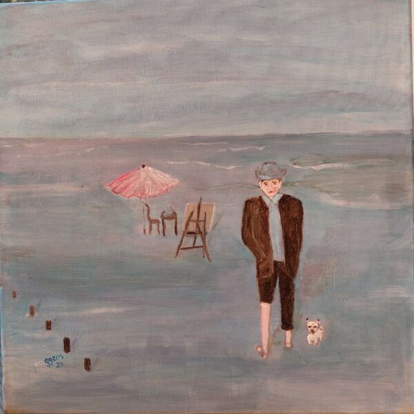 Mann mit Hund am Strand, Acryl auf Leinwand 50 x 50 cm